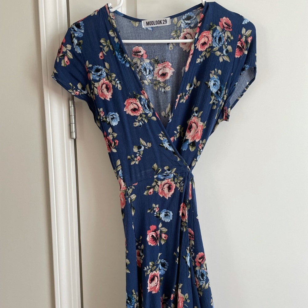 Blue floral wrap dress